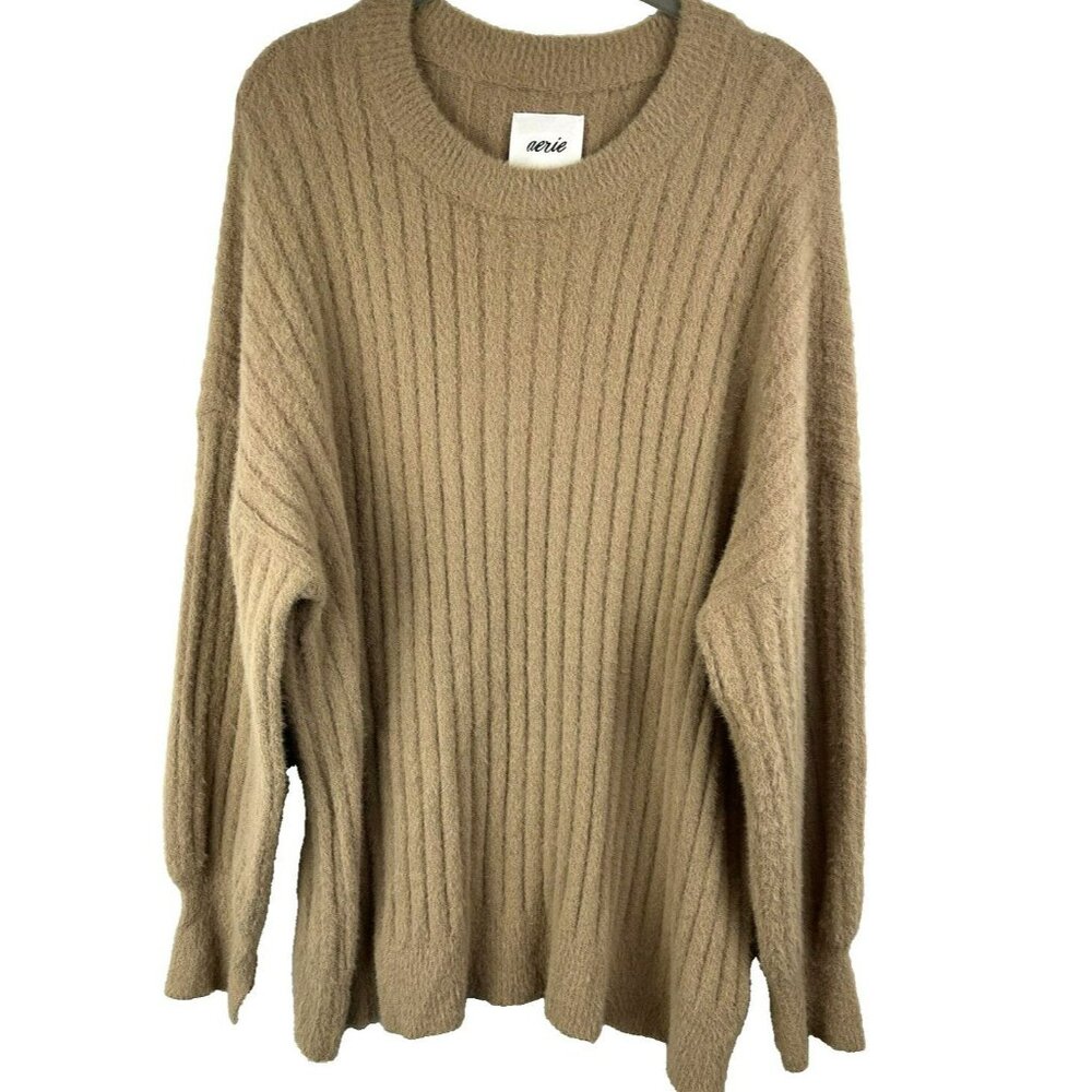 Aerie Sweater‎ Women's Large Tan V Neck Thick Ribbed Pullover Dropped Shoulder